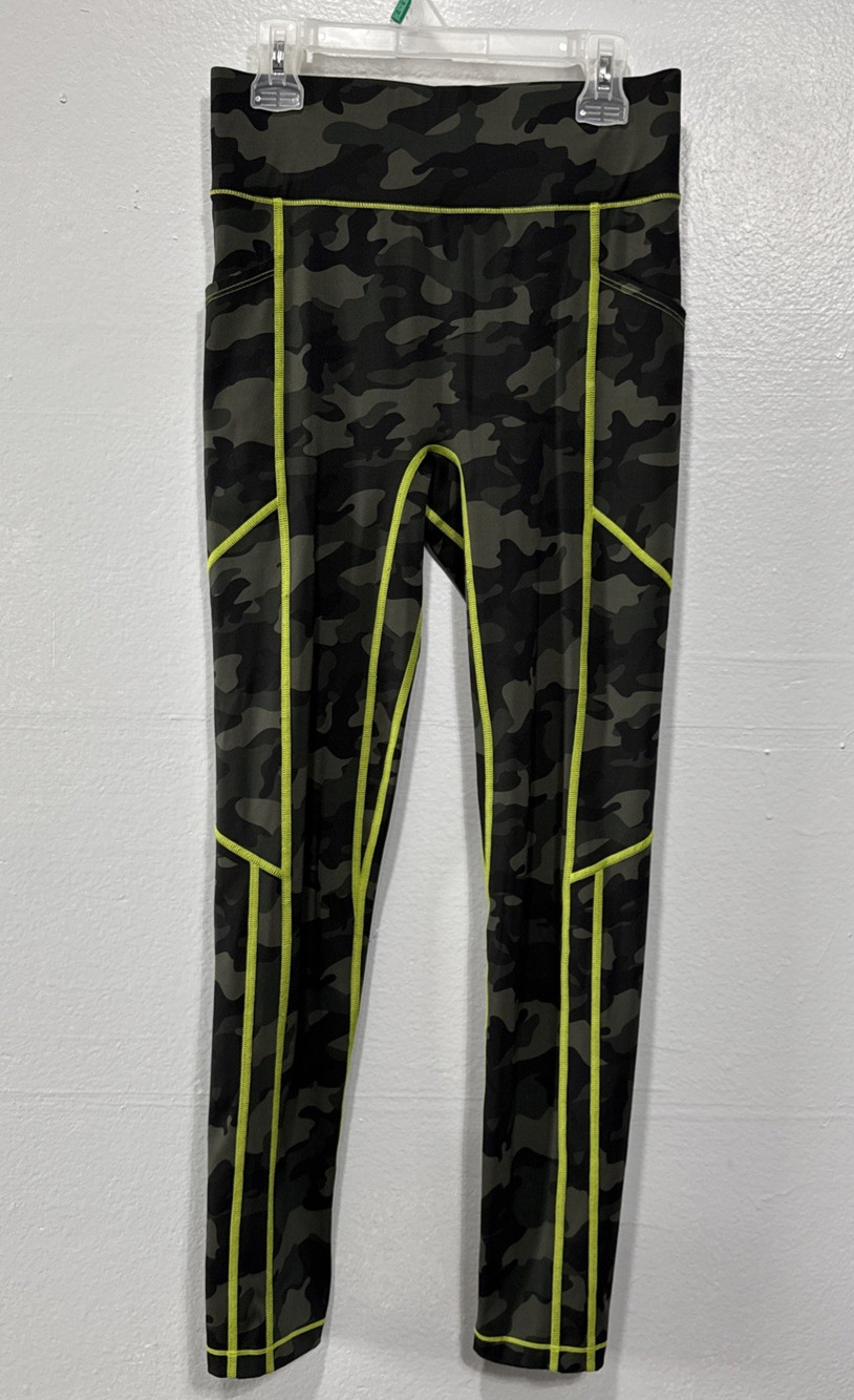 ALL ACCESS Womens High Waist Leggings size S Green Light Neon Stitching Camo